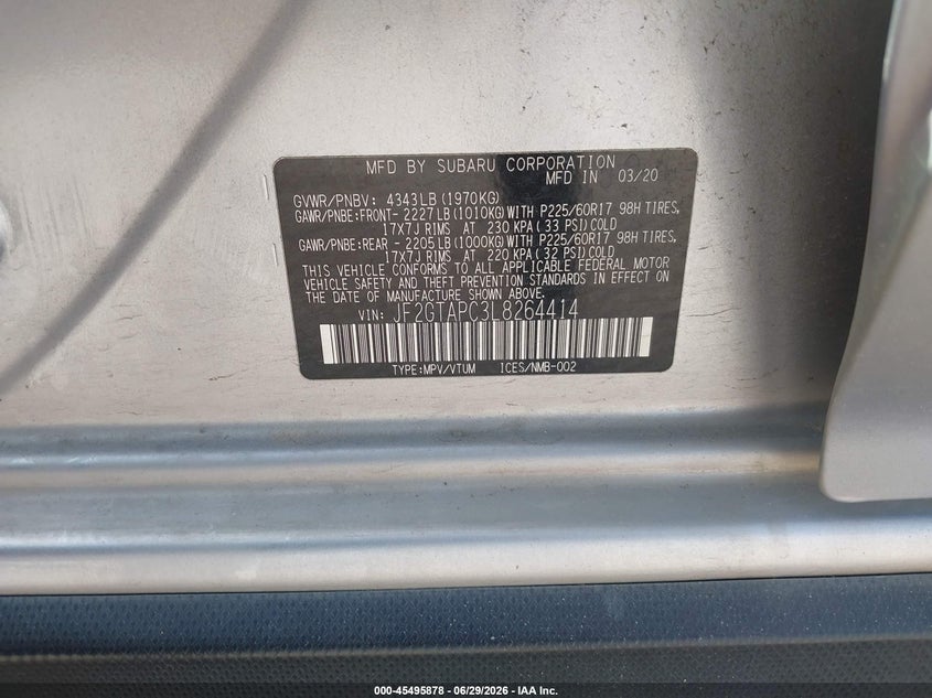 2020 Subaru Xv VIN JF2GTAPC3L8264414 IAAI salvage auction — RIGHT FRONT, Salvage (Texas), sold $2,700 on 2026-07-29 (photo 9)