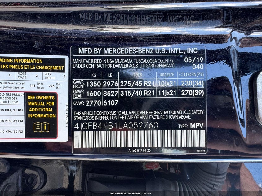 2020 Mercedes-benz Gle class VIN 4JGFB4KB1LA052760 IAAI salvage auction — UNKNOWN, Clear (New York), sold $17,725 on 2026-08-26 (photo 9)