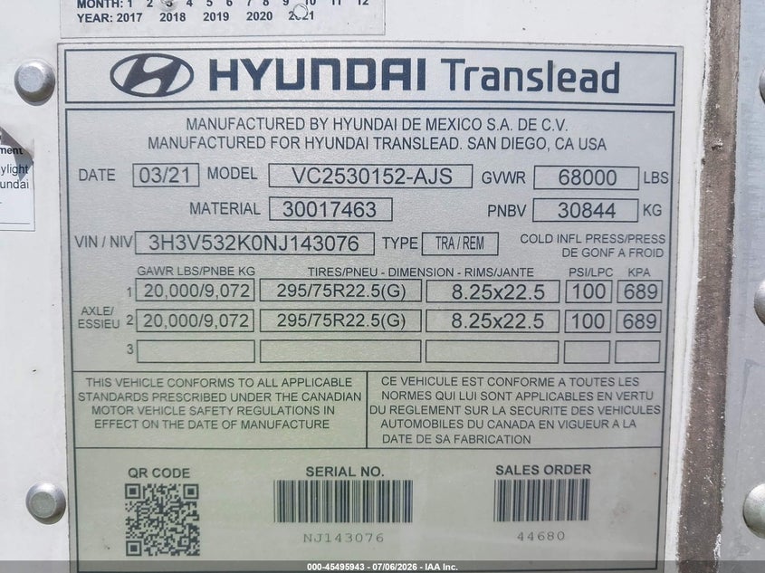 2022 Hyundai translead inc Dry van VIN 3H3V532K0NJ143076 IAAI salvage auction — SIDE, Salvage (California), sold $5,100 on 2026-07-29 (photo 9)