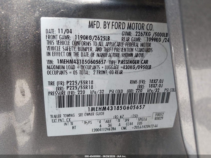 2005 Mercury Montego VIN 1MEHM43185G605657 IAAI salvage auction — NORMAL WEAR, Original (Texas), sold $250 on 2026-07-21 (photo 9)