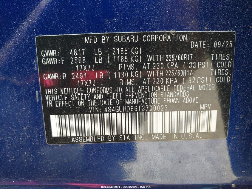 2026 Subaru VIN 4S4GUHD66T3700023 IAAI salvage auction — SIDE, Salvage Title, sold $8,300 on 2026-07-28 (photo 9)