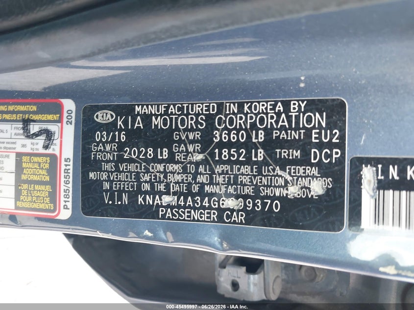 2016 Kia Rio VIN KNADM4A34G6699370 IAAI salvage auction — REAR END, Rebuildable (Florida), sold $475 on 2026-07-28 (photo 9)