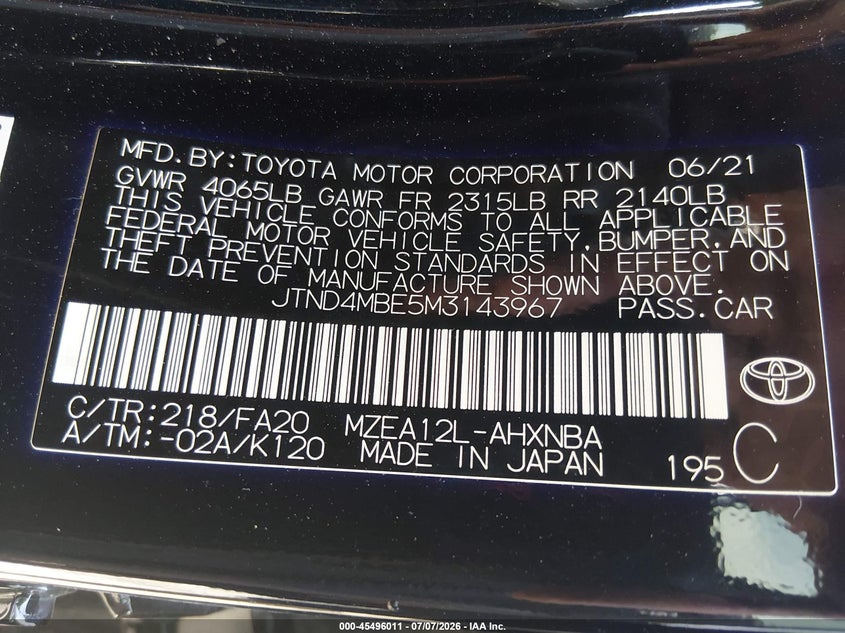 2021 Toyota Corolla VIN JTND4MBE5M3143967 IAAI salvage auction — FRONT & REAR, Salvage (Arkansas), sold $3,650 on 2026-07-29 (photo 9)