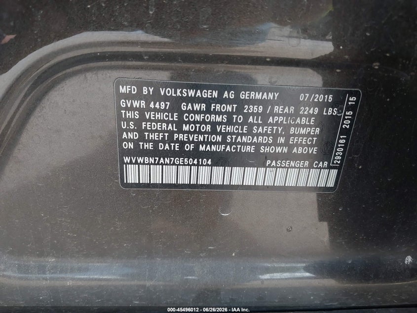 2016 Volkswagen Passat cc VIN WVWBN7AN7GE504104 IAAI salvage auction — RIGHT SIDE, Salvage (Texas), sold $925 on 2026-07-16 (photo 9)