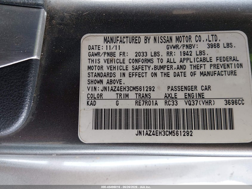 2012 Nissan 370z VIN JN1AZ4EH3CM561292 IAAI salvage auction — NORMAL WEAR, Clear-Dealer Only (Arizona), sold $3,300 on 2026-07-07 (photo 9)
