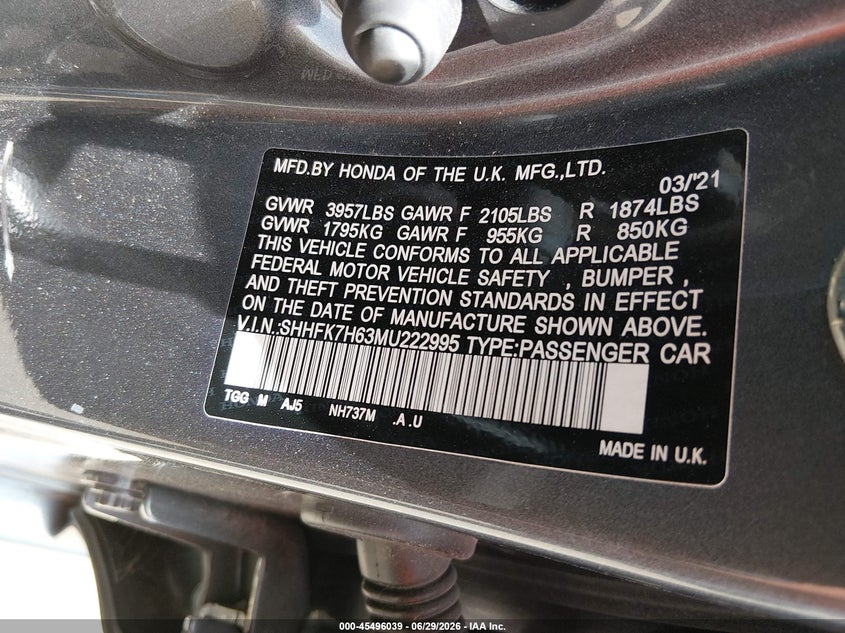 2021 Honda Civic VIN SHHFK7H63MU222995 IAAI salvage auction — FRONT END, Salvage (Texas), sold $25 on 2026-07-29 (photo 9)