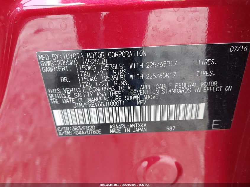 2016 Toyota Rav 4 VIN JTMZFREV6GJ100011 IAAI salvage auction — FRONT END, Salvage (Georgia), sold $4,600 on 2026-07-31 (photo 9)
