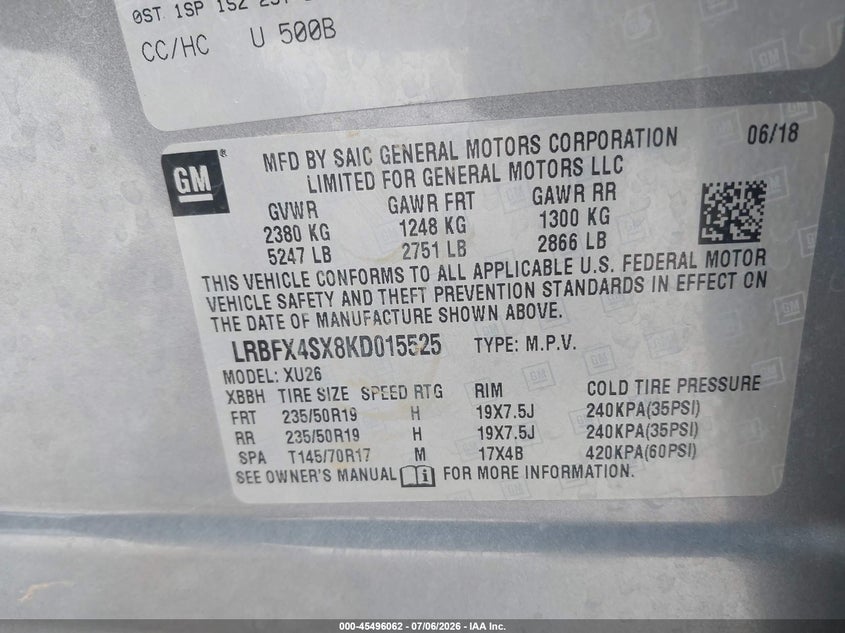 2019 Buick Envision VIN LRBFX4SX8KD015525 IAAI salvage auction — MECHANICAL, Salvage Title, sold $3,550 on 2026-07-21 (photo 9)