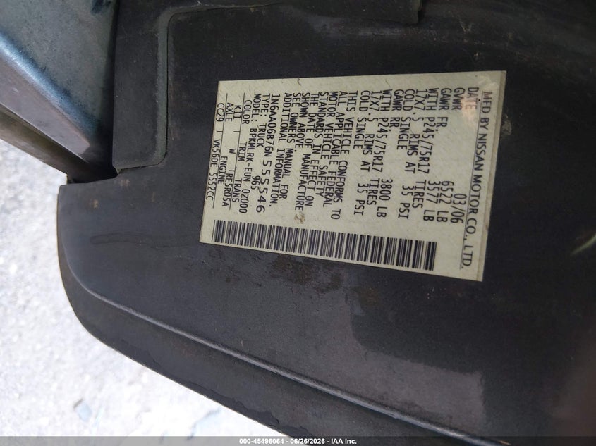 2006 Nissan TITAN VIN 1N6AA06B76N555546 IAAI salvage auction — NORMAL WEAR, Clear-Dealer Only (Arizona), sold $700 on 2026-07-09 (photo 9)