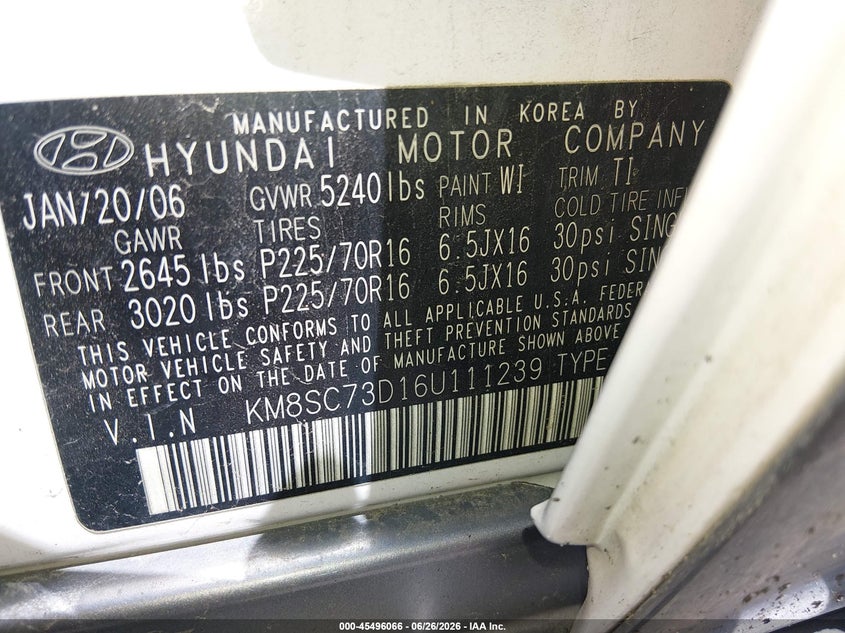 2006 Hyundai Santa fe VIN KM8SC73D16U111239 IAAI salvage auction — REAR END, Salvage (Utah), sold $275 on 2026-07-16 (photo 9)