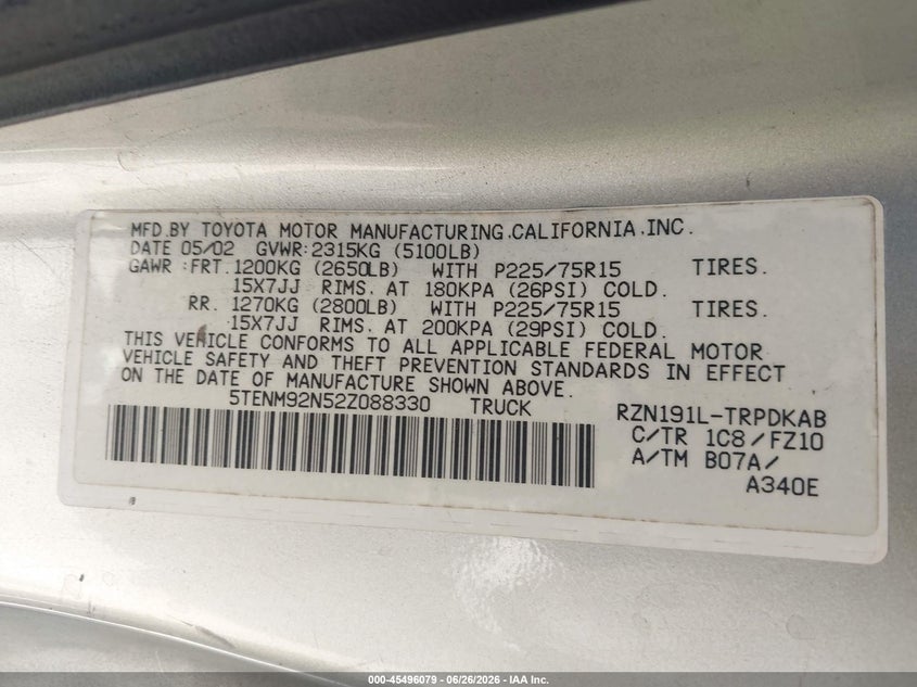 2002 Toyota Tacoma VIN 5TENM92N52Z088330 IAAI salvage auction — REAR END, Salvage (California), sold $2,900 on 2026-07-13 (photo 9)