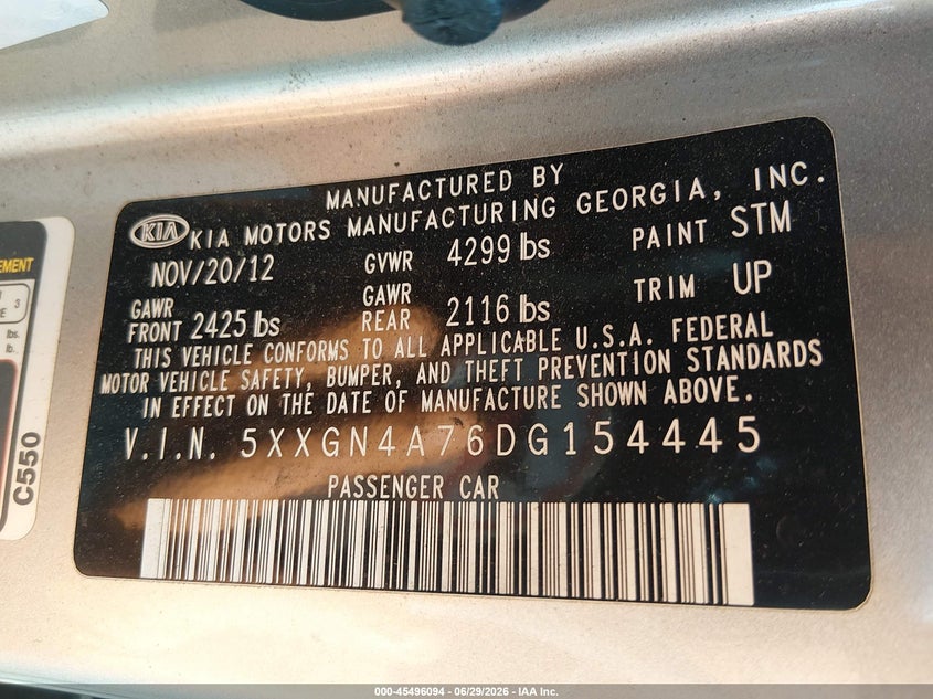 2013 Kia Optima VIN 5XXGN4A76DG154445 IAAI salvage auction — REAR END, Salvage (Pennsylvania), sold $575 on 2026-07-31 (photo 9)
