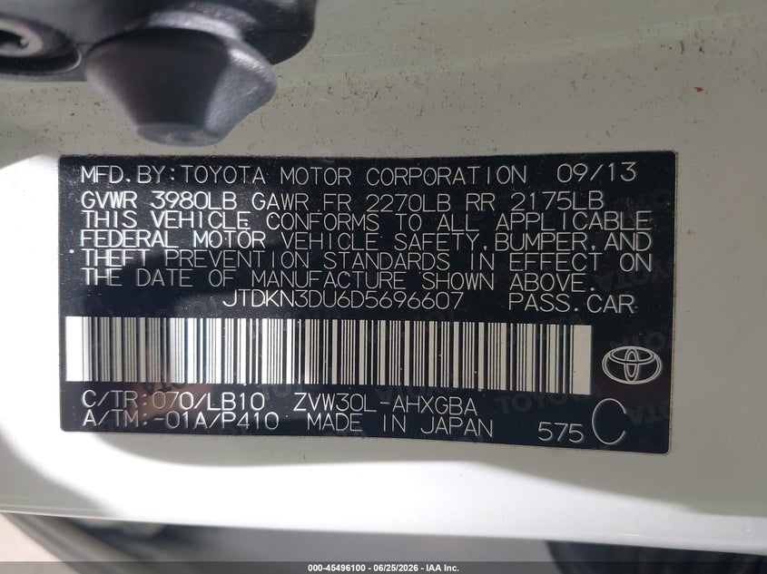 2013 Toyota Prius VIN JTDKN3DU6D5696607 IAAI salvage auction — NORMAL WEAR, Clear (Hawaii), sold $1,325 on 2026-07-21 (photo 9)