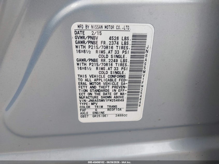 2015 Nissan Rogue VIN JN8AS5MV1FW254649 IAAI salvage auction — NORMAL WEAR, Clear (Maryland), sold $925 on 2026-07-09 (photo 9)