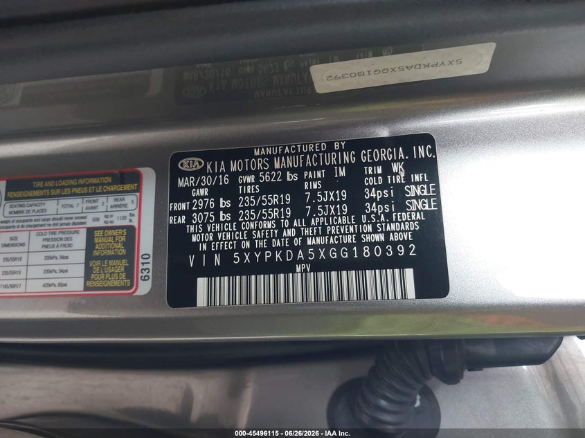 2016 Kia Sorento VIN 5XYPKDA5XGG180392 IAAI salvage auction — FRONT END, Bill Of Sale (Washington), sold $1,800 on 2026-07-22 (photo 9)