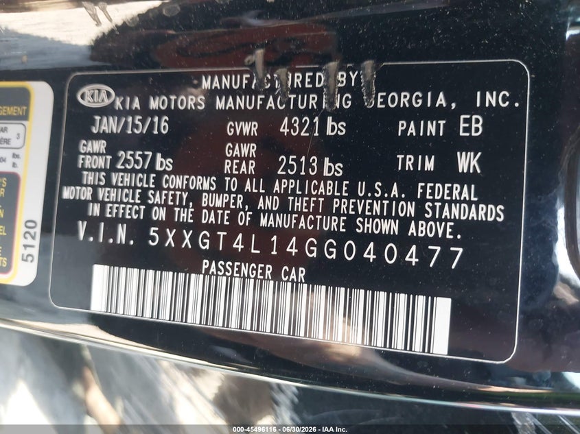 2016 Kia Optima VIN 5XXGT4L14GG040477 IAAI salvage auction — ROLLOVER, Salvage Title, sold $125 on 2026-07-28 (photo 9)