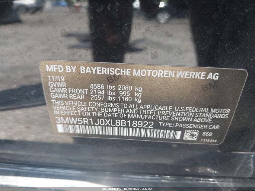 2020 BMW 3er VIN 3MW5R1J0XL8B18922 IAAI salvage auction — SIDE, Certificate Of Destruction (Florida), sold $4,950 on 2026-07-23 (photo 9)