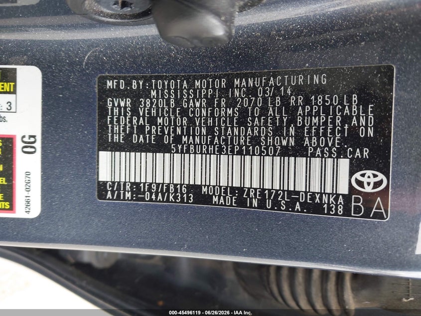 2014 Toyota Corolla VIN 5YFBURHE3EP110507 IAAI salvage auction — NORMAL WEAR, Clear - Dealer Only (California), sold $5,050 on 2026-07-29 (photo 9)