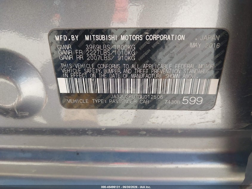 2016 Mitsubishi Lancer VIN JA32U2FU7GU012506 IAAI salvage auction — NORMAL WEAR, Original (Texas), sold $1,225 on 2026-07-13 (photo 9)