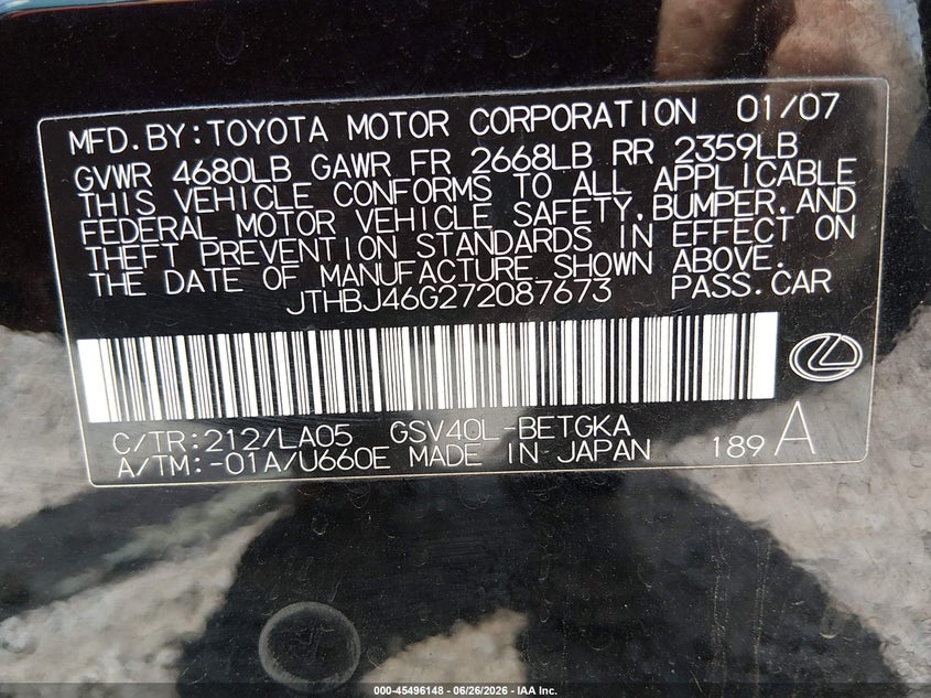 2007 Lexus ES VIN JTHBJ46G272087673 IAAI salvage auction — FRONT END, Salvage (Alabama), sold $425 on 2026-07-20 (photo 9)