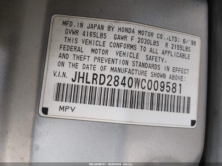 1998 Honda Cr-v VIN JHLRD2840WC009581 IAAI salvage auction — THEFT, Salvage (California), sold $25 on 2026-07-22 (photo 9)