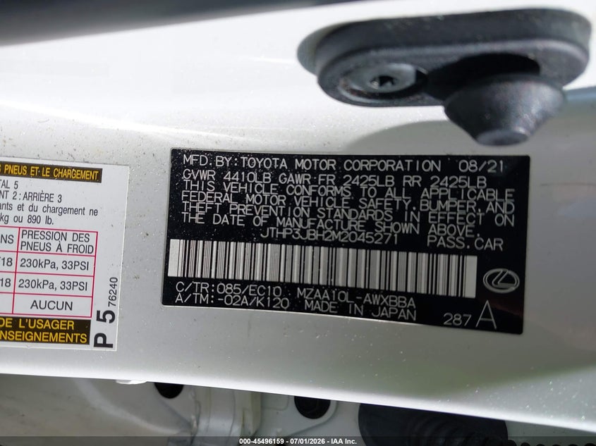 2021 Lexus Ux VIN JTHP3JBH2M2045271 IAAI salvage auction — FRONT END, Salvage Title, sold $6,700 on 2026-10-04 (photo 9)