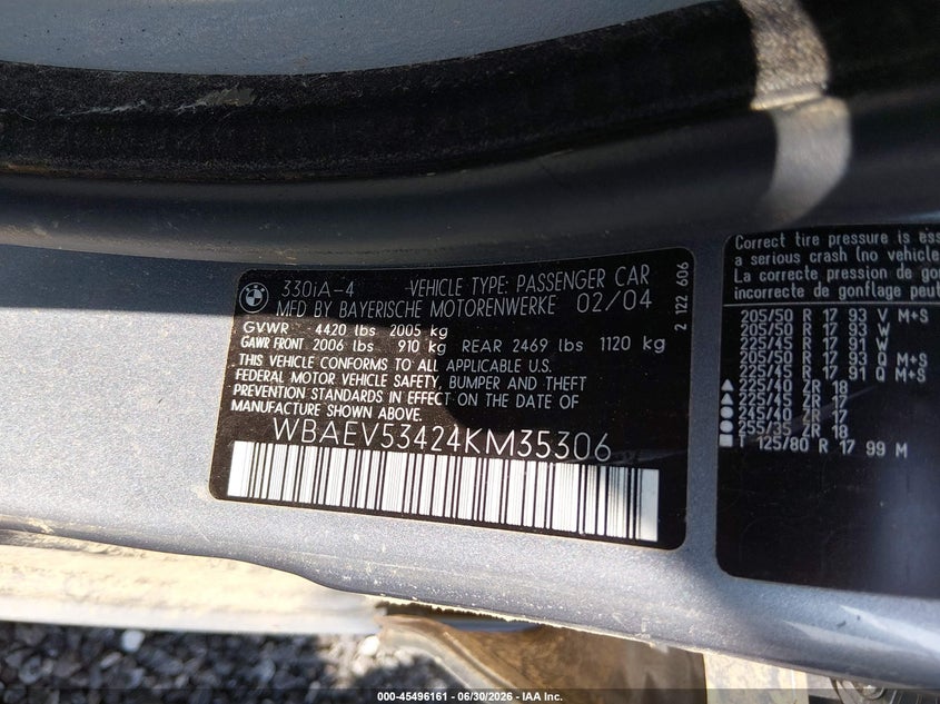 2004 BMW 3 series VIN WBAEV53424KM35306 IAAI salvage auction — LEFT SIDE, Salvage (South Carolina), sold $775 on 2026-08-04 (photo 9)