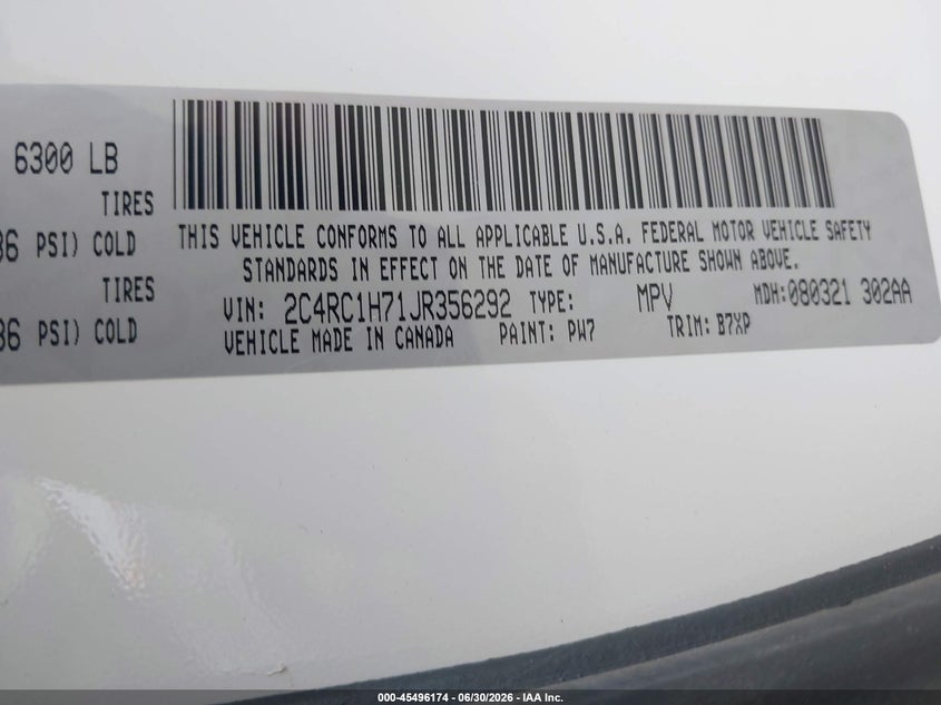 2018 Chrysler Pacifica VIN 2C4RC1H71JR356292 IAAI salvage auction — NORMAL WEAR, Sf97 (California), sold $12,500 on 2026-07-28 (photo 9)