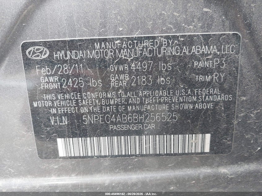 2011 Hyundai Sonata VIN 5NPEC4AB6BH256525 IAAI salvage auction — FRONT END, Salvage (Missouri), sold $650 on 2026-07-22 (photo 9)