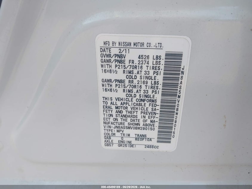 2011 Nissan Rogue sport VIN JN8AS5MV0BW290150 IAAI salvage auction — NORMAL WEAR, Clear (Indiana), sold $500 on 2026-07-07 (photo 9)