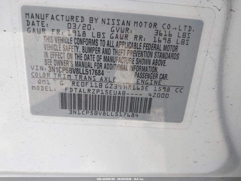 2020 Nissan Kicks VIN 3N1CP5BV8LL517684 IAAI salvage auction — NORMAL WEAR, Sf97 (California), sold $11,300 on 2026-07-28 (photo 9)