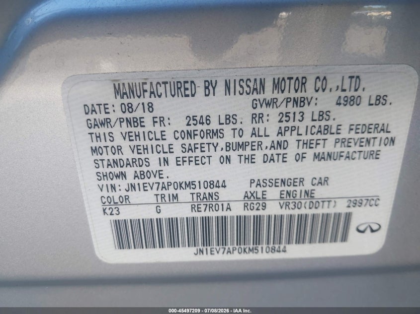 2019 Infiniti Q50 VIN JN1EV7AP0KM510844 IAAI salvage auction — FRONT END, Salvage Title, sold $1,950 on 2026-07-29 (photo 9)