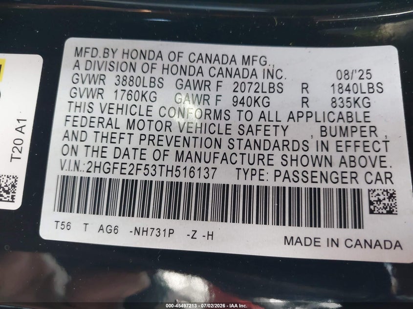 2026 Honda Civic VIN 2HGFE2F53TH516137 IAAI salvage auction — SUSPENSION, Salvage Title, sold $8,700 on 2026-09-05 (photo 9)