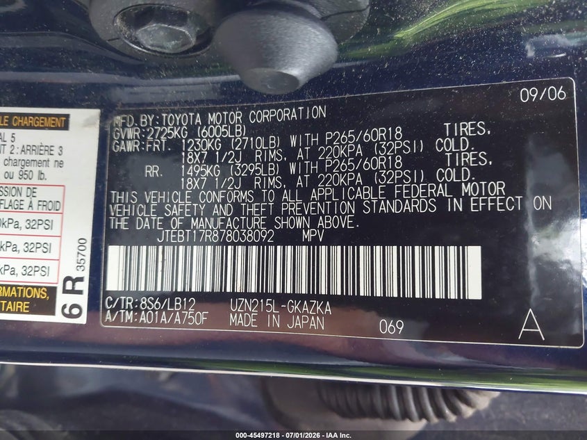 2007 Toyota 4runner VIN JTEBT17R878038092 IAAI salvage auction — SIDE, Salvage (Virginia), sold $3,650 on 2026-07-18 (photo 9)