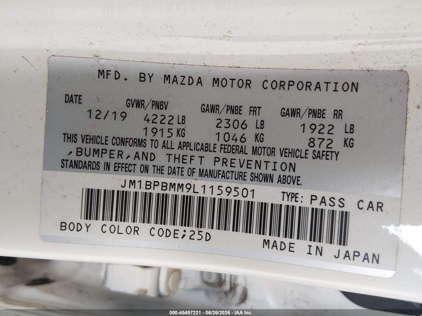 2020 Mazda 3 VIN JM1BPBMM9L1159501 IAAI salvage auction — SIDE, Bill Of Sale (Washington), sold $6,300 on 2026-07-16 (photo 9)