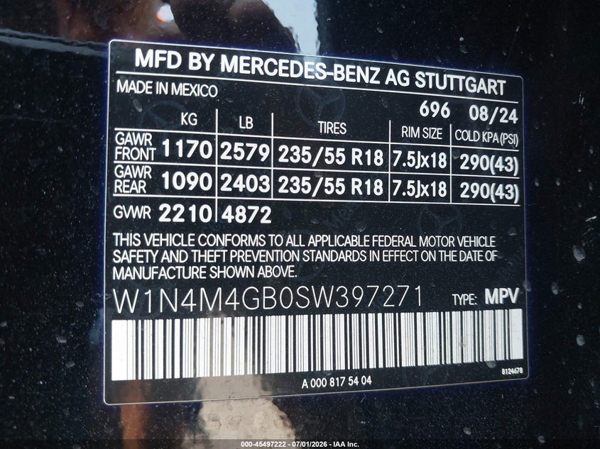 2025 Mercedes-benz Glb VIN W1N4M4GB0SW397271 IAAI salvage auction — LEFT & RIGHT, Certificate Of Destruction (Florida), sold $7,200 on 2026-08-25 (photo 9)