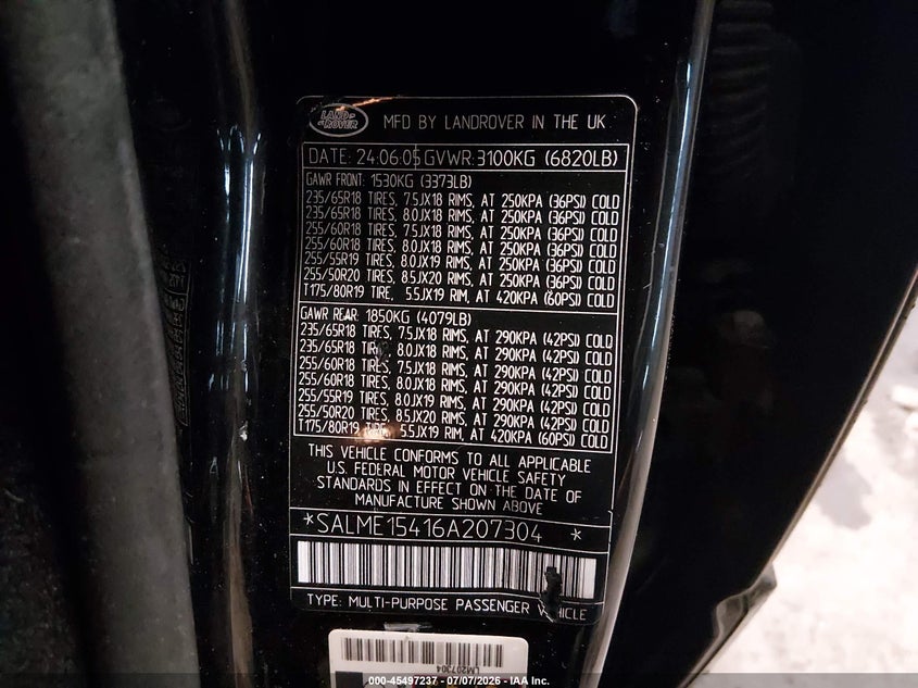 2006 Land rover RANGE ROVER VIN SALME15416A207304 IAAI salvage auction — UNKNOWN, Clear (Massachusetts), sold $425 on 2026-07-22 (photo 9)