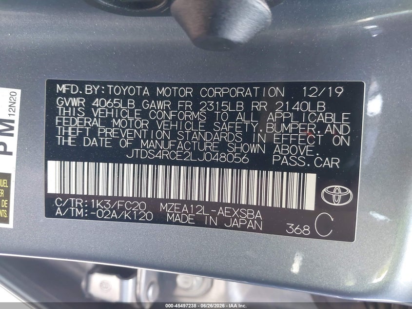 2020 Toyota Corolla VIN JTDS4RCE2LJ048056 IAAI salvage auction — RIGHT SIDE, Salvage Certificate (California), sold $4,300 on 2026-07-29 (photo 9)