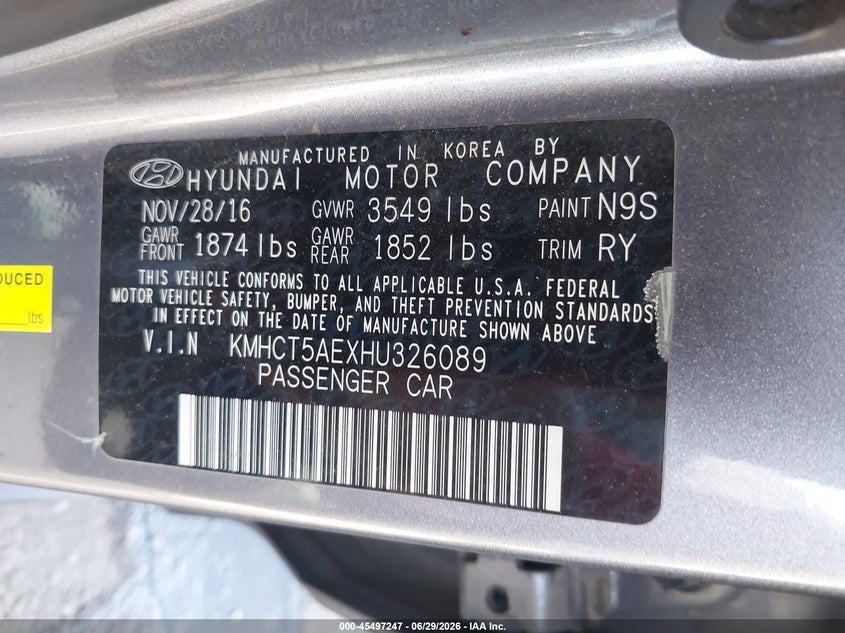 2017 Hyundai Accent VIN KMHCT5AEXHU326089 IAAI salvage auction — REAR END, Salvage (Arizona), sold $1,100 on 2026-07-10 (photo 9)