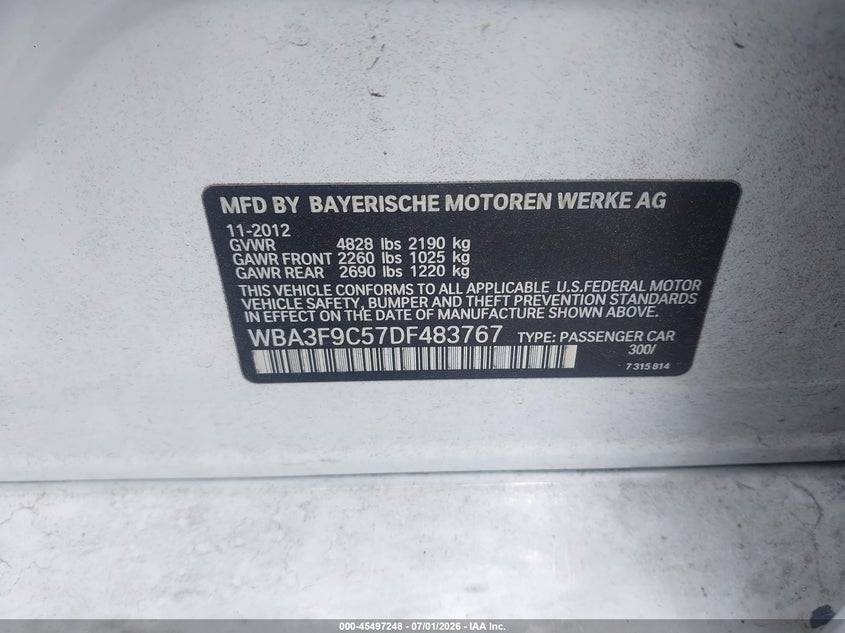 2013 BMW 3er VIN WBA3F9C57DF483767 IAAI salvage auction — NORMAL WEAR, Clear-Dealer Only (North Carolina), sold $2,700 on 2026-07-06 (photo 9)
