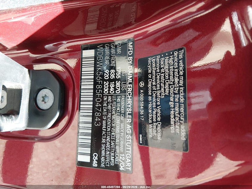 2005 Mercedes-benz Slk-klasse VIN WDBWK56F85F047843 IAAI salvage auction — FRONT END, Salvage (Colorado), sold $550 on 2026-08-04 (photo 9)