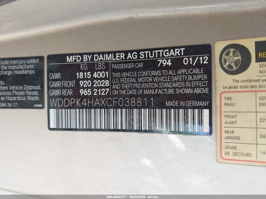 2012 Mercedes-benz Slk-klasse VIN WDDPK4HAXCF038811 IAAI salvage auction — LEFT FRONT, Salvage (Missouri), sold $1,300 on 2026-07-29 (photo 9)