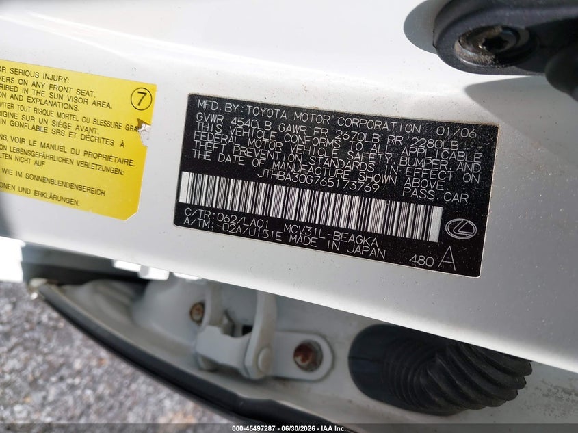 2006 Lexus Es 330 VIN JTHBA30G765173769 IAAI salvage auction — NORMAL WEAR, Clear (Mississippi), sold $2,475 on 2026-07-08 (photo 9)