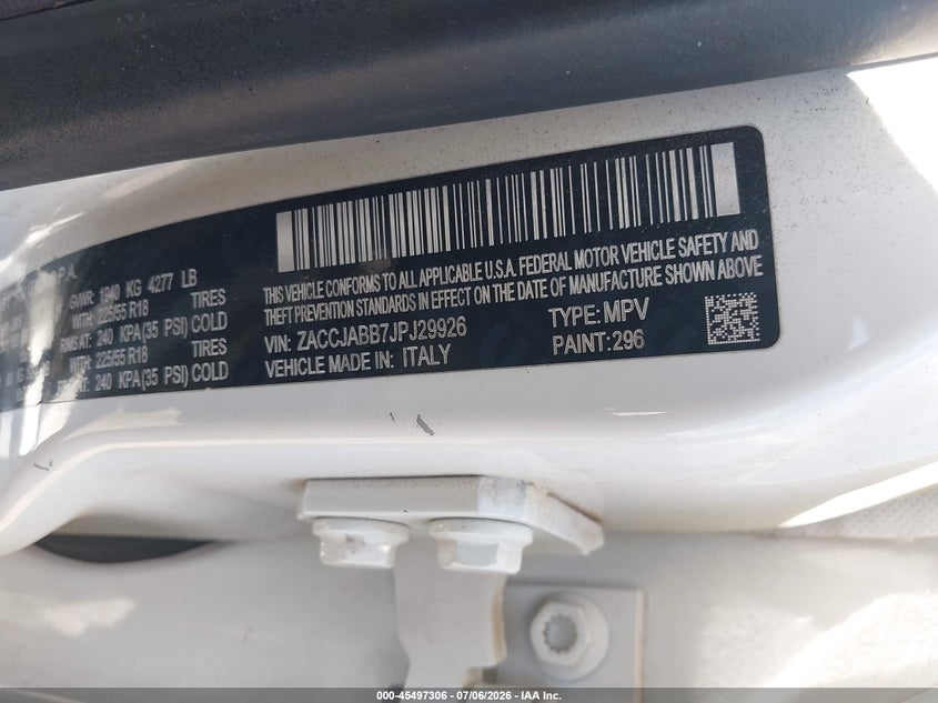 2018 Jeep Renegade VIN ZACCJABB7JPJ29926 IAAI salvage auction — ROLLOVER, Salvage (Oklahoma), sold $200 on 2026-08-05 (photo 9)