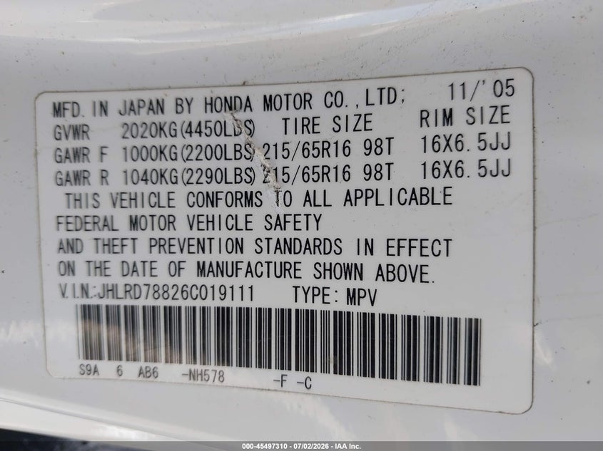 2006 Honda Cr-v VIN JHLRD78826C019111 IAAI salvage auction — FRONT END, Salvage (California), sold $650 on 2026-07-15 (photo 9)