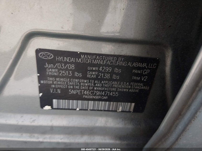 2009 Hyundai Sonata VIN 5NPET46C79H471455 IAAI salvage auction — FRONT END, Salvage (Pennsylvania), sold $1,250 on 2026-07-19 (photo 9)