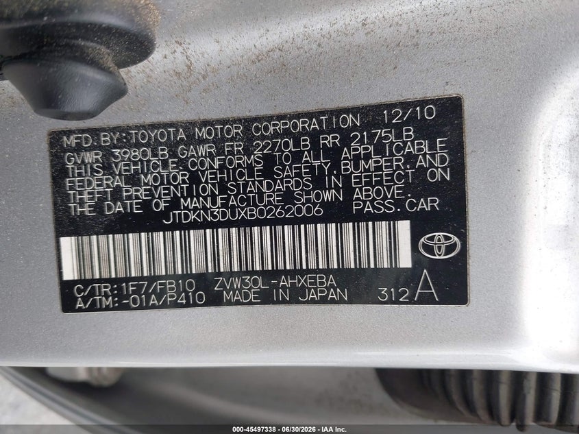 2011 Toyota Prius VIN JTDKN3DUXB0262006 IAAI salvage auction — SIDE, Salvage (California), sold $25 on 2026-07-30 (photo 9)