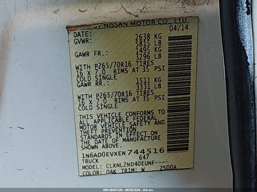 2014 Nissan Navara (frontier) VIN 1N6AD0EVXEN744516 IAAI salvage auction — RIGHT FRONT, Salvage (Arizona), sold $3,550 on 2026-08-03 (photo 9)