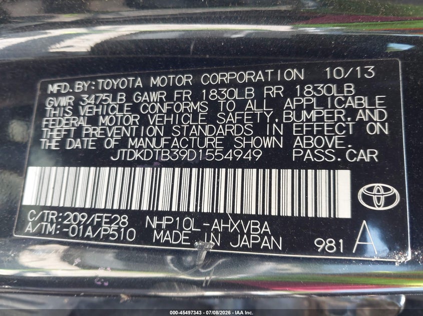 2013 Toyota Prius c VIN JTDKDTB39D1554949 IAAI salvage auction — LEFT SIDE, Clear (Massachusetts), sold $550 on 2026-07-14 (photo 9)