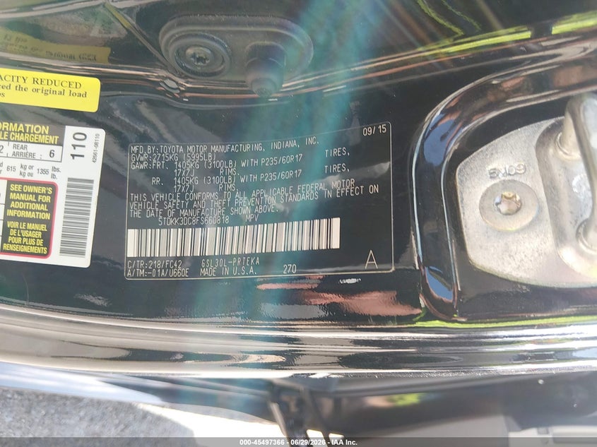 2015 Toyota Sienna VIN 5TDKK3DC8FS660818 IAAI salvage auction — FRONT END, Salvage Title, sold $1,975 on 2026-07-27 (photo 9)